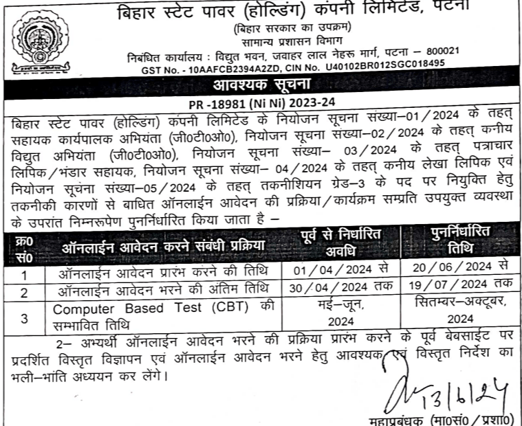 Bihar Bijli Vibhag BSPHCL Bharti/Vacancy