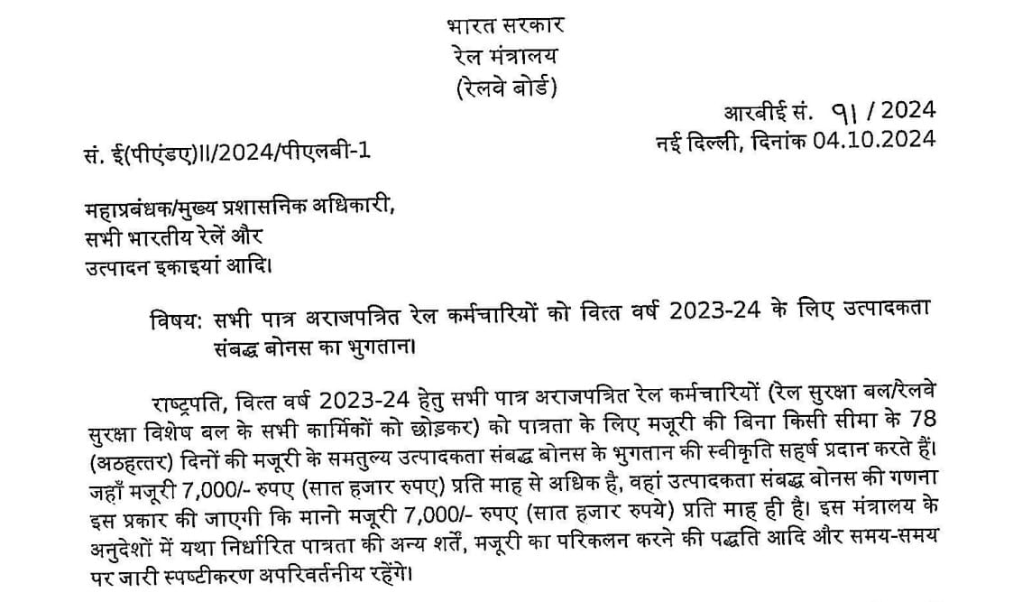 रेलवे दिवाली बोनस (PLB) (RBE NO. 91/2024)